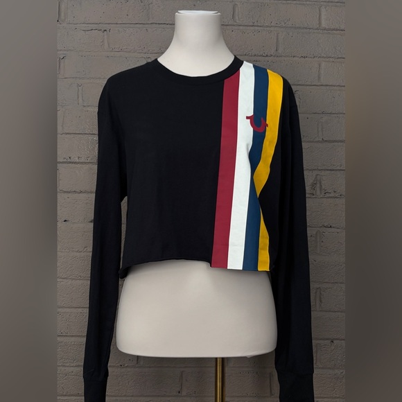 True Religion Black Crop Top with faux leather stripes XL - Picture 7 of 12